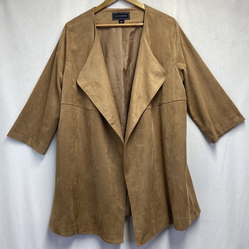 METAPHOR Faux Suede 3/4 Sleeve Lined Open Front Cardigan Women Large Caramel